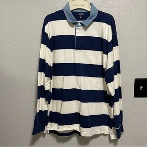 J.Crew Rugby Polo Shirt in navy and ivory stripes with a chambray collar Size XL